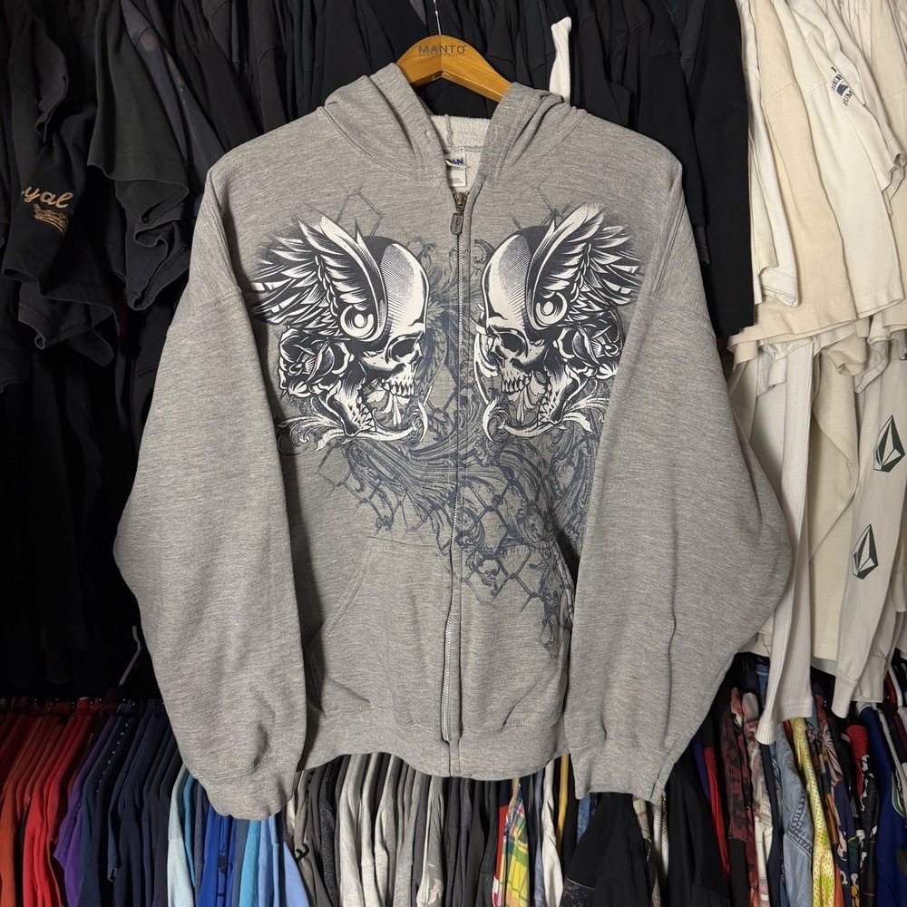 Y2K Skull Hoodie Men's Large Grey Grunge Winged Skater Emo 00s Zip Up Gothic